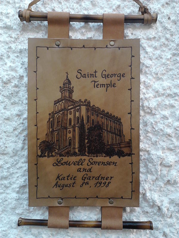 Leather hanging scroll of the St. George Temple with a couple’s names and date