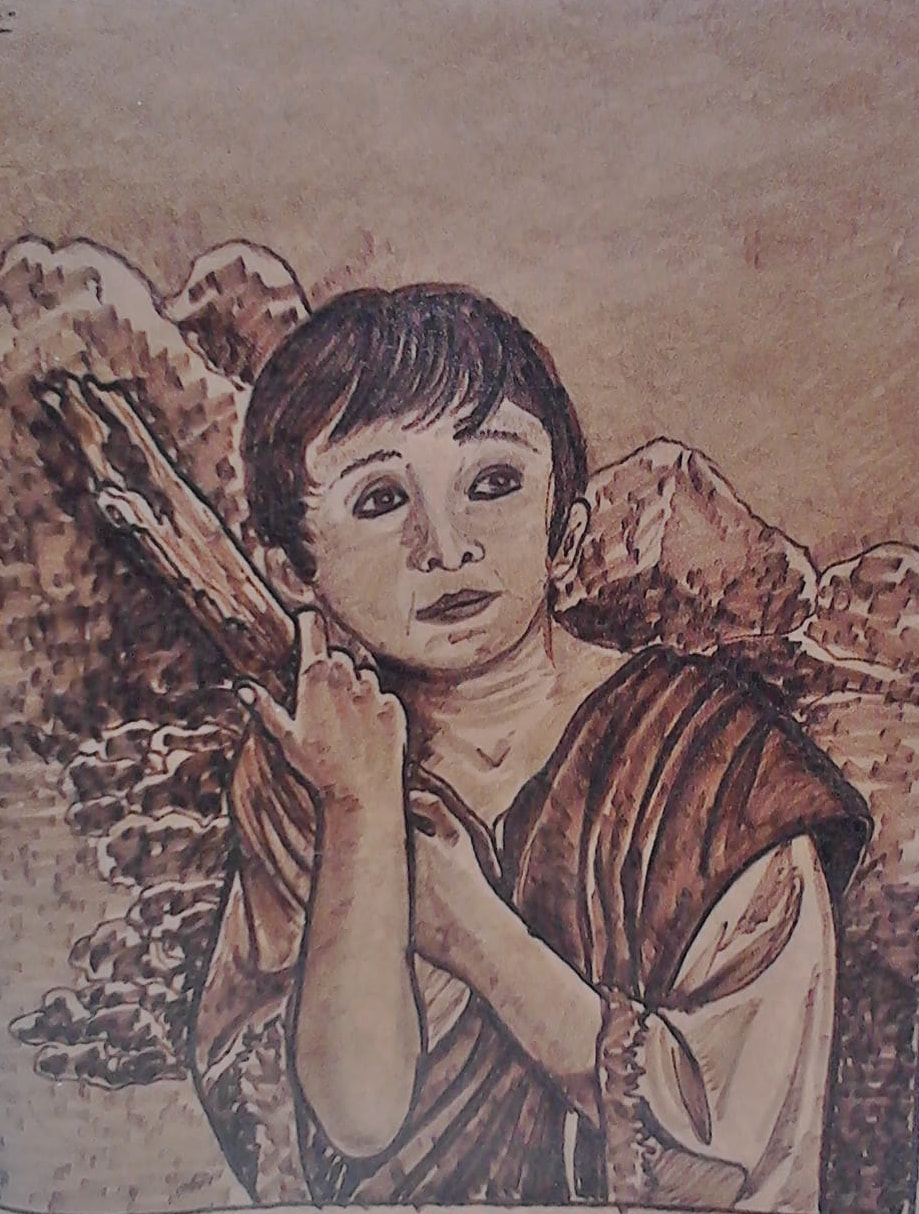 Pyrography portrait of a child holding a staff against a mountain landscape, burned into leather