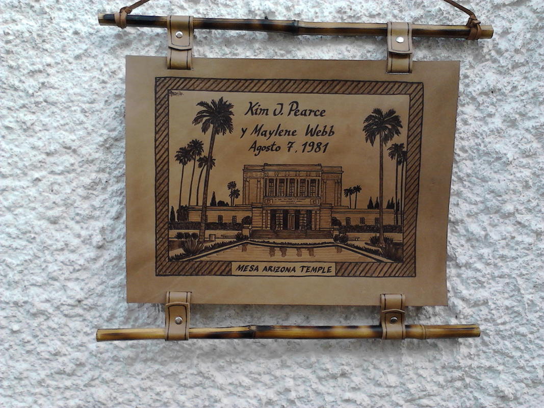 Leather hanging scroll of the Mesa Arizona Temple with palm trees and a couple’s names