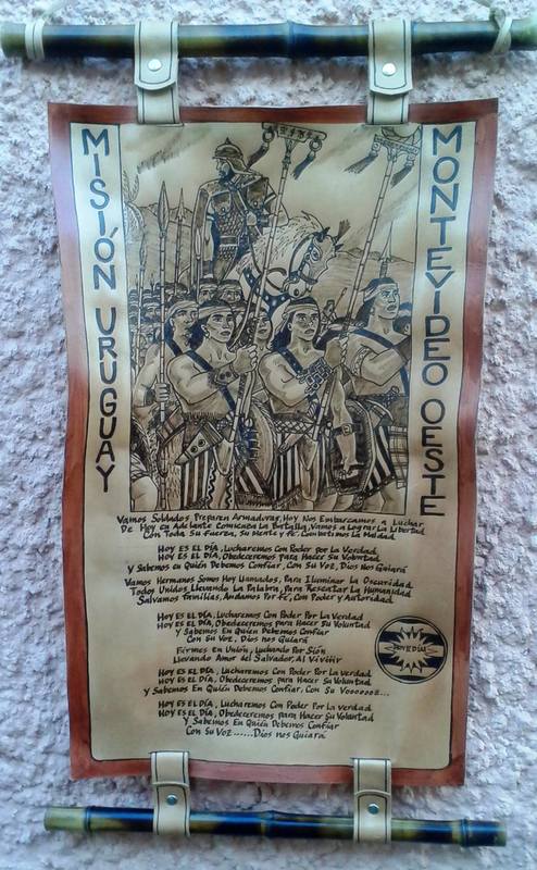Leather hanging scroll of a Book of Mormon battle scene with Misión Uruguay Montevideo Oeste lettered on the sides